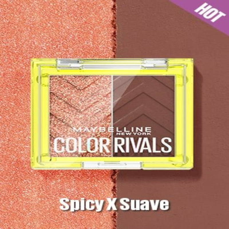Maybelline Color Rivals makeup product on a split background with 'Spicy X Suave' text.