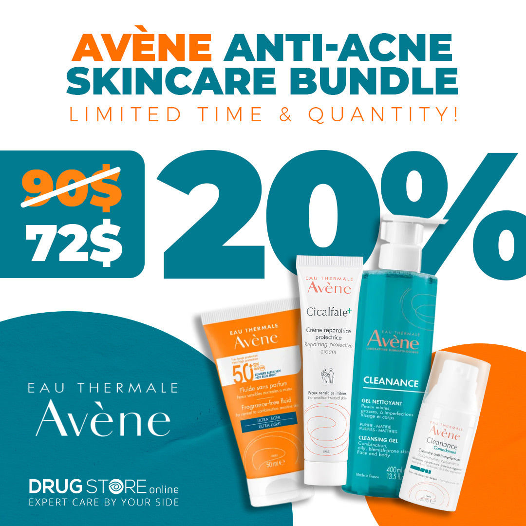 Avène Anti-Acne Skincare Bundle featuring Cleanance Gel, Cicalfate+, SPF50+, and Comedomed displayed with 20% off offer at Drugstore Online