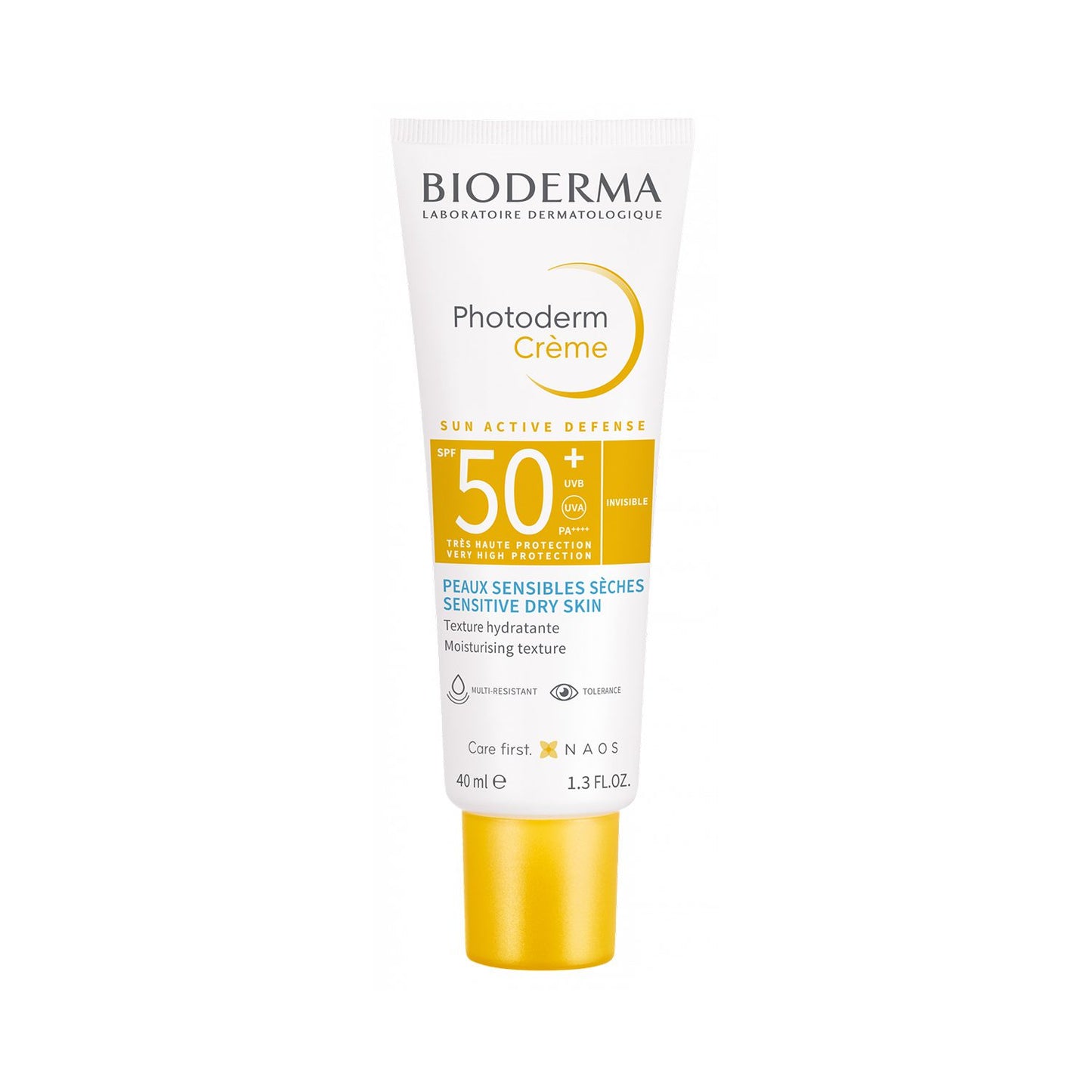 Tube of Bioderma Photoderm Crème SPF 50+ Sun Active Defense Sunscreen, 40ml, designed for sensitive dry skin.