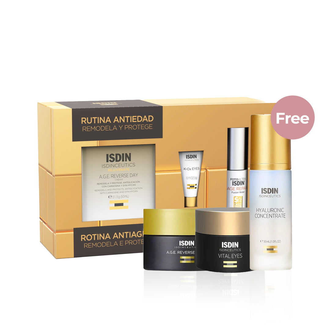 Isdin Age Reverse Pouch Gift: This Pouch Gift contains: Age Reverse Day Cream 50ml + Age Reverse Night Cream 15ml + Vital Eyes 4g Tester Size+ Hyaluronic Concentrate 5 ml Tester Size Pouch 32% off on this bundle