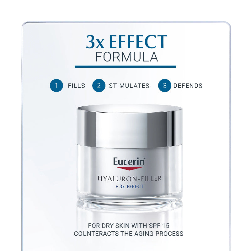 Jar of Eucerin Hyaluron‑Filler 3× Effect Day Cream SPF 15 50 ml (dry skin version), silver lid, white jar