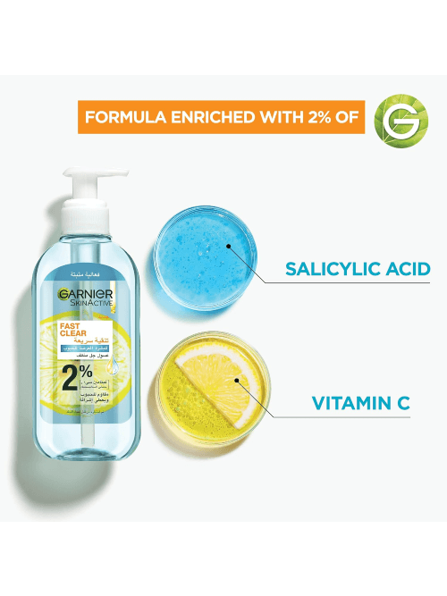 Garnier Fast Clear Cleansing Gel 200ml – brightening face wash with citrus extract for refreshed, clear skin.
