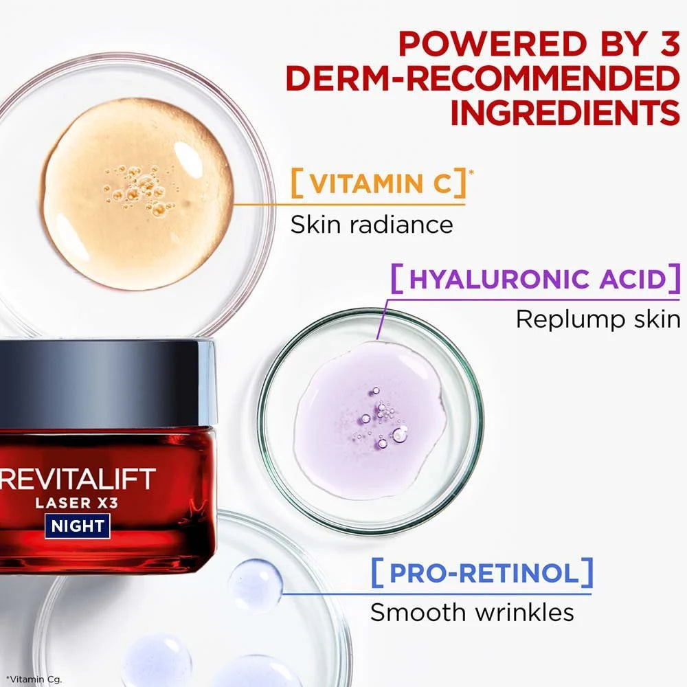 L’Oreal Paris Revitalift Laser X3 Night Cream Mask, intensive anti-aging night treatment to reduce wrinkles and firm skin, 50ml jar