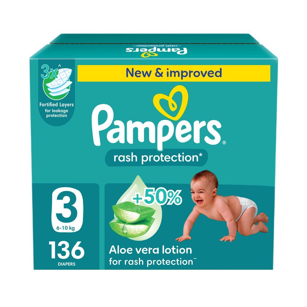 Pampers diaper package with a baby and aloe vera lotion illustration on a teal background