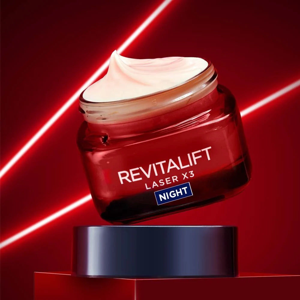 L’Oreal Paris Revitalift Laser X3 Night Cream Mask in a red jar, anti-aging formula for firmer, smoother skin overnight, 50ml