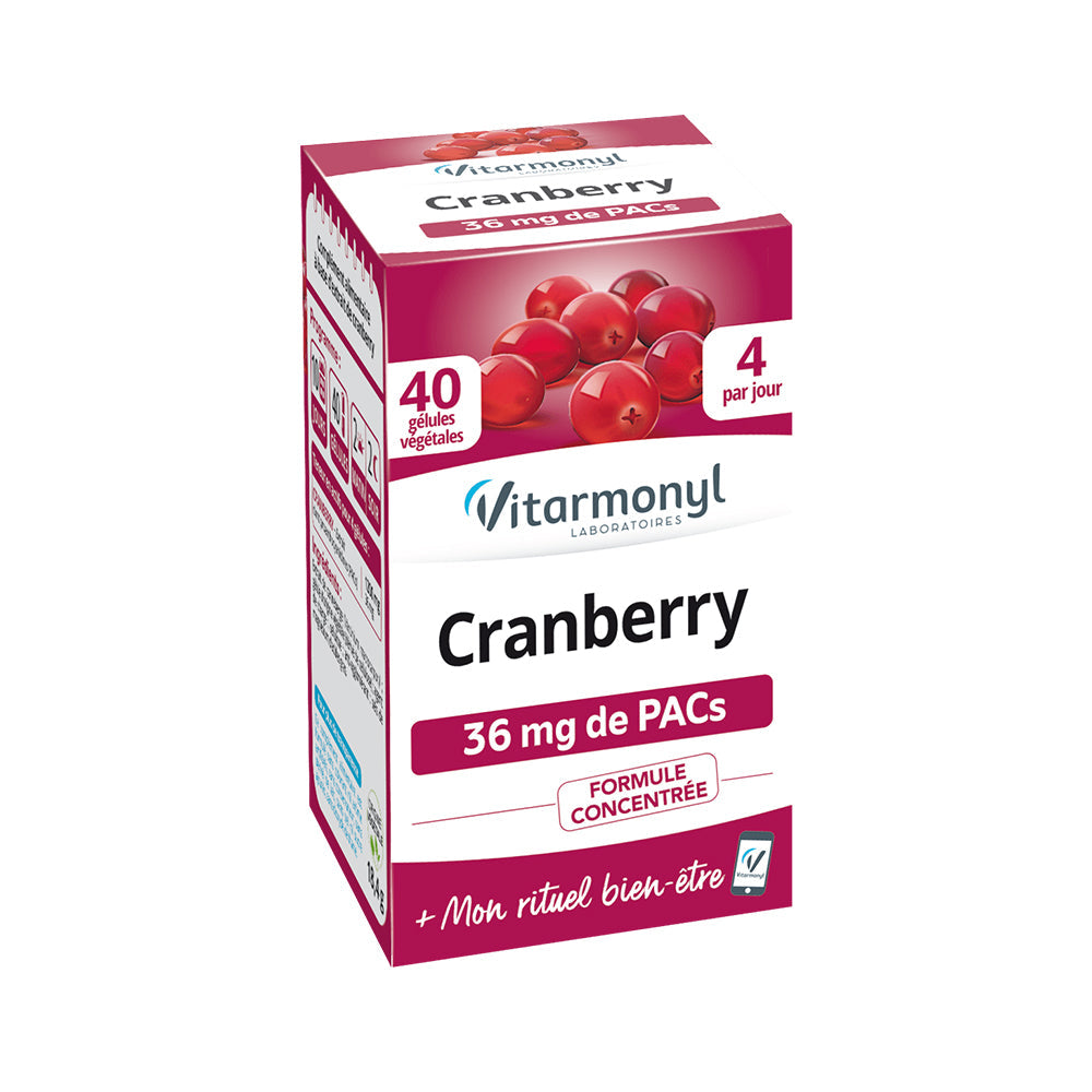 A box of Vitarmonyl Cranberry capsules, with the product name prominently displayed and an image of cranberries on the front.
