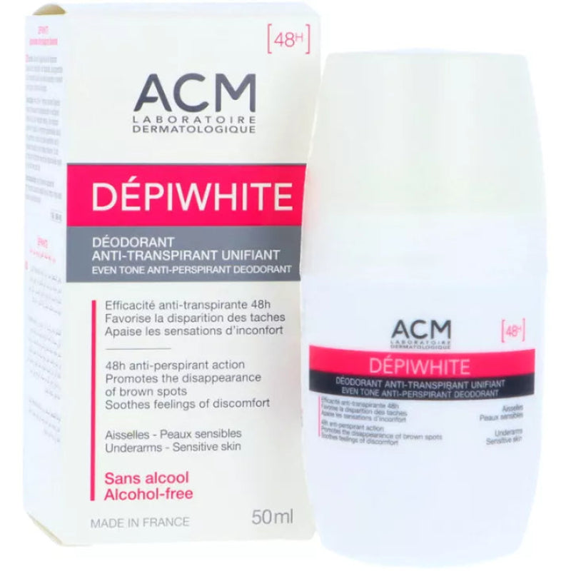 ACM Dépiwhite Anti-Stain Deodorant 50 ml – Antiperspirant with skin-tone unifying and soothing properties.
