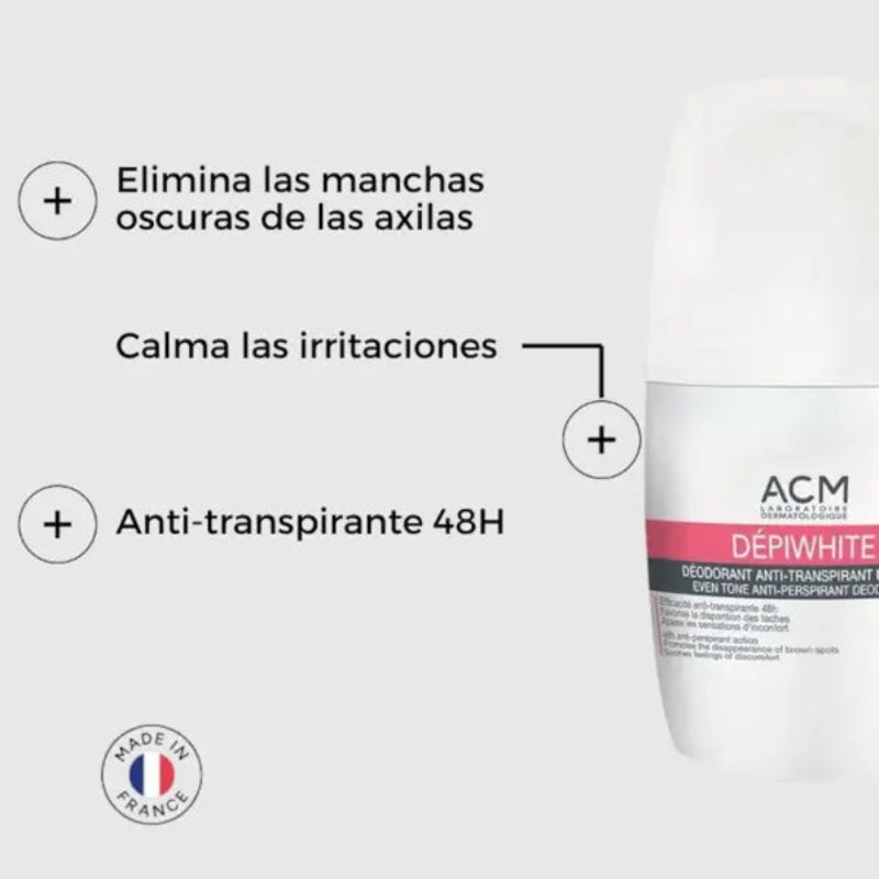 ACM Dépiwhite Anti-Stain Deodorant 50 ml – Antiperspirant with skin-tone unifying and soothing properties.