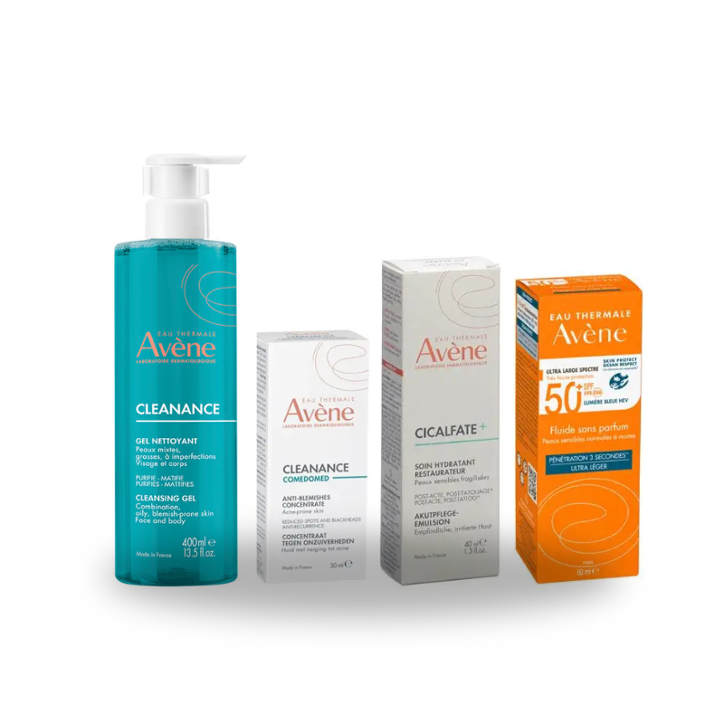 Avène complete skincare bundle featuring Cleanance Cleansing Gel, Comedomed serum, Cicalfate+ repair cream, and SPF 50+ fluid for oily and sensitive skin