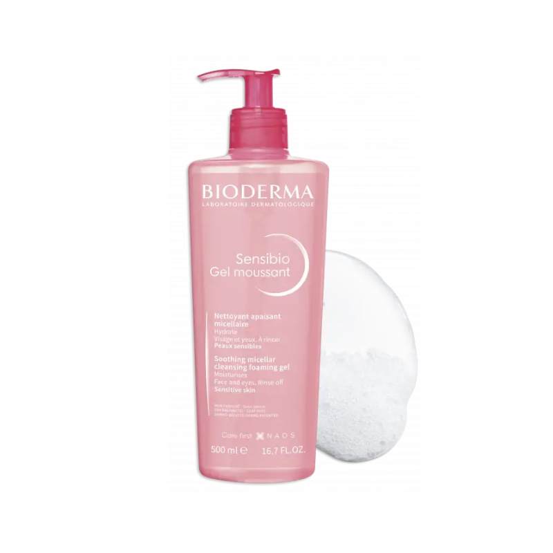 Bioderma Sensibio Gel Moussant β gentle cleansing gel for sensitive skin in a soft pink bottle.