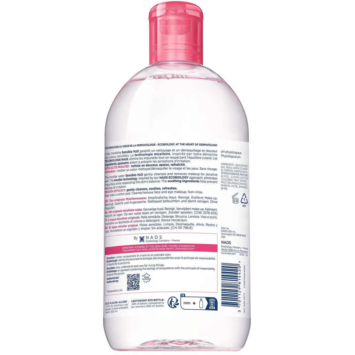 Back label of Bioderma Sensibio H2O Victoria Beckham Edition showing usage and ingredients