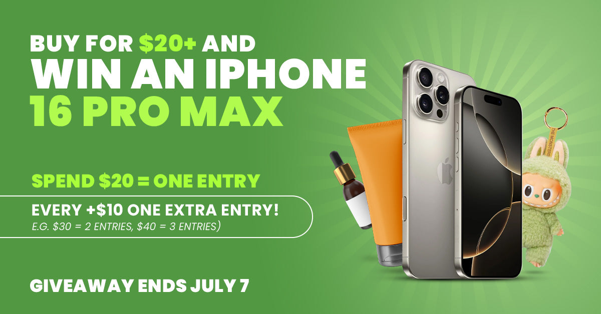 Buy for $20 and win an iPhone 16 Pro Max giveaway banner with skincare products and a Labubu toy on a green background