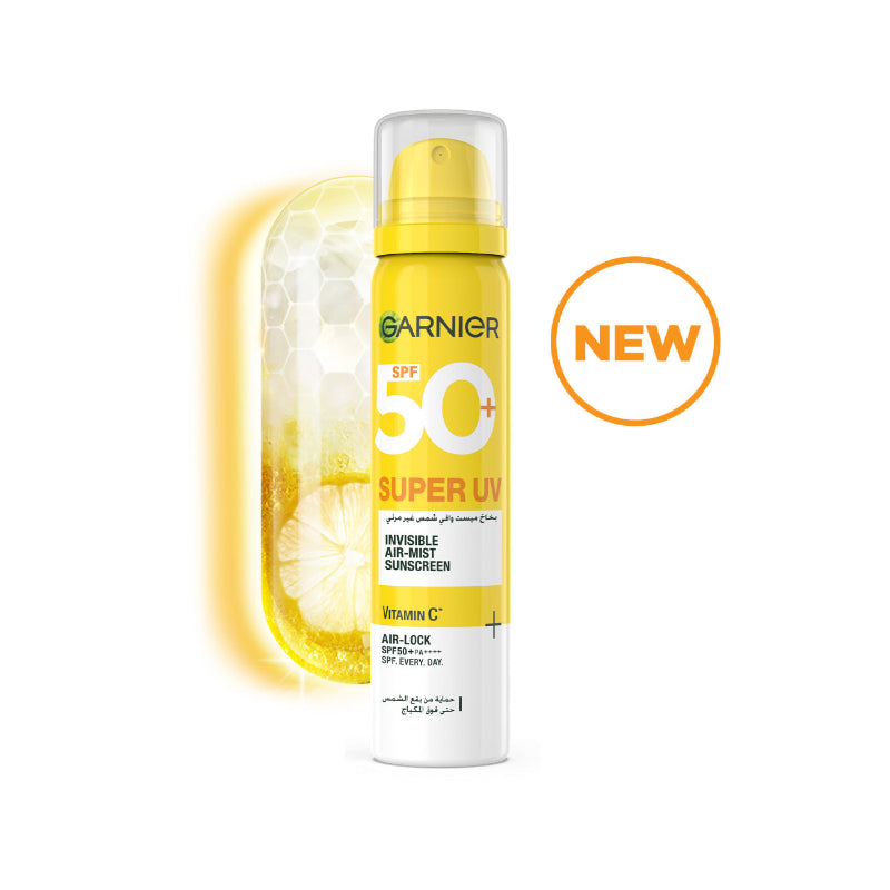 Garnier Super UV sunscreen spray with lemon flavor on a white background