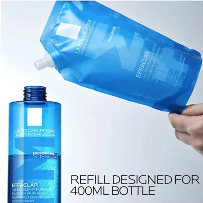 La Roche-Posay refill pouch and bottle on a light gray background