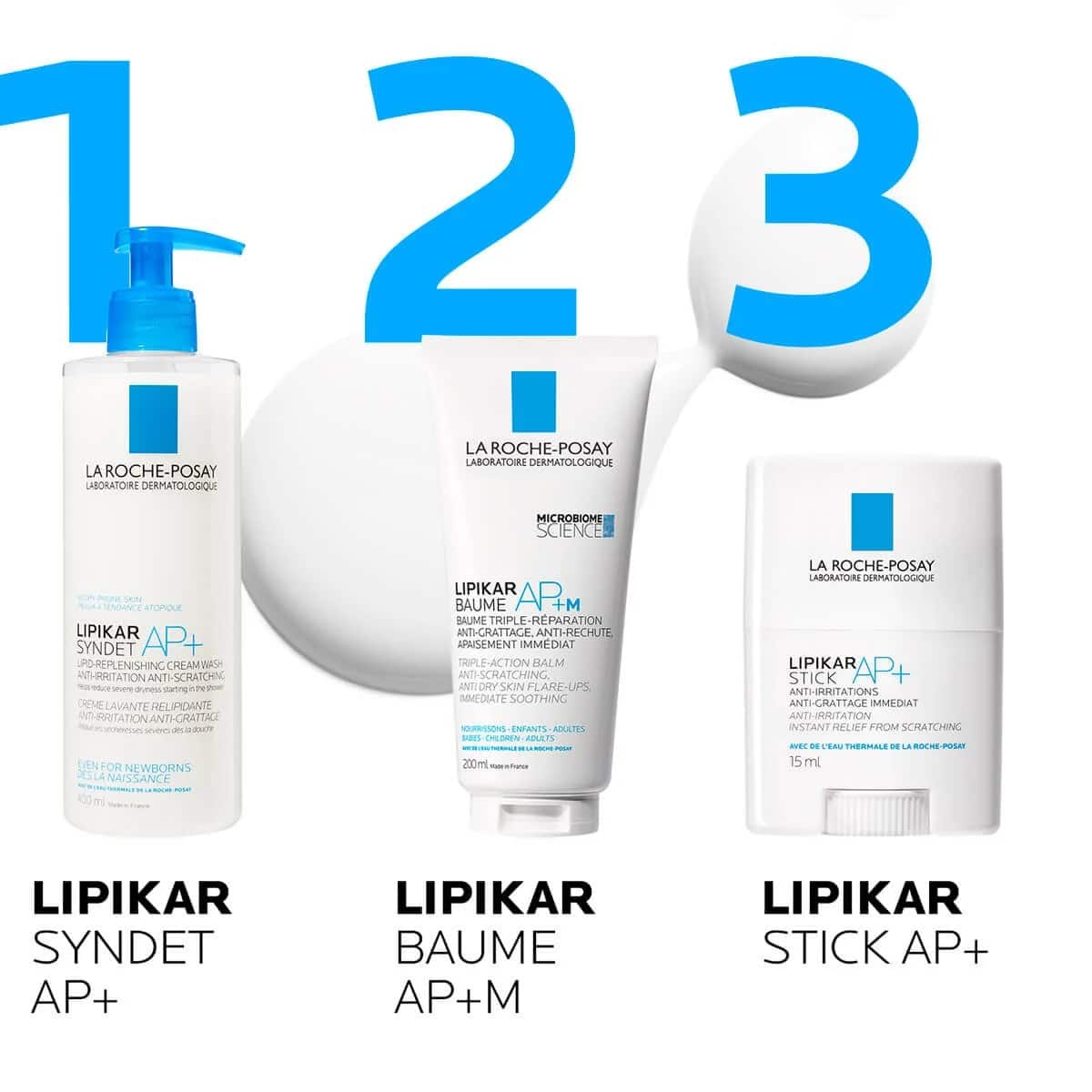 Flacon de 400 ml de Lait lavant Lipikar Syndet AP+ de La Roche‑Posay, hydratant et apaisant