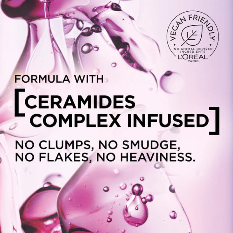 L'Oreal Paris ad with pink liquid and text about ceramides complex infused formula.
