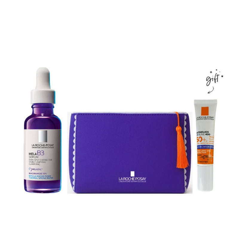 La Roche-Posay skincare products including a purple bottle, a tube, and a purple pouch on a white background.