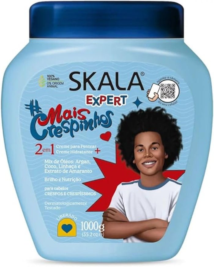 Skala Expert More Coily Curls 2-in-1 Conditioning and Leave-In Cream in a 35.2oz container, designed for coily and kinky hair. Vegan formula that hydrates, defines curls, and controls frizz.