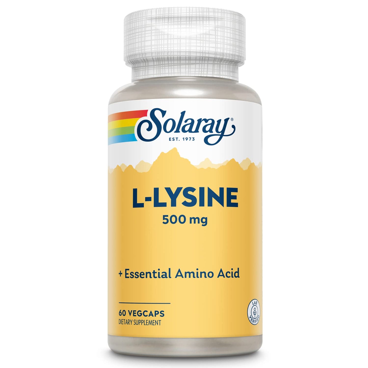 A bottle of Solaray L-Lysine 500 mg essential amino acid supplements with 60 vegcaps.