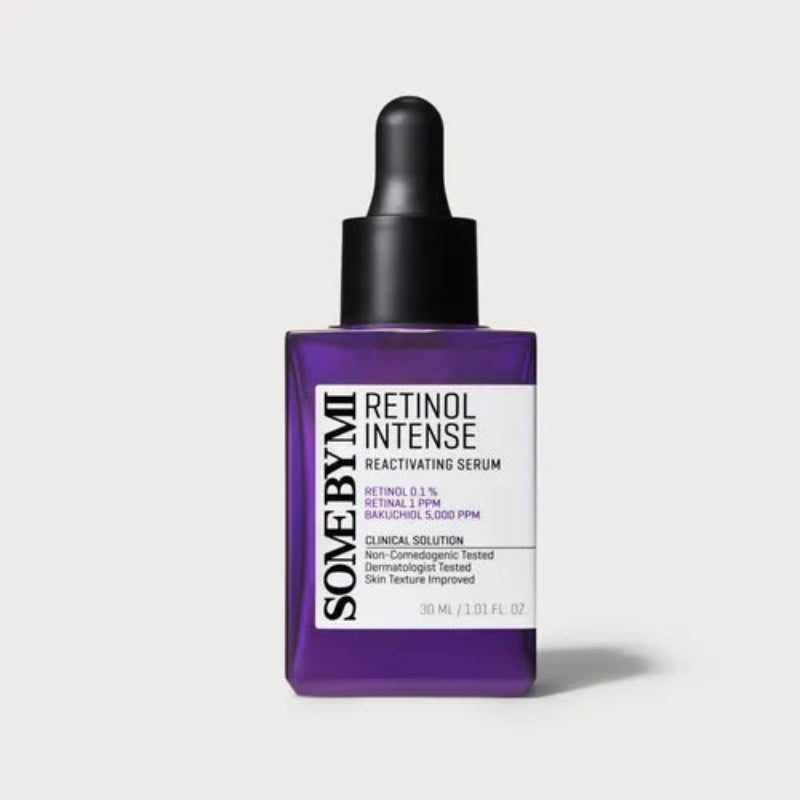 Purple serum bottle with dropper labeled 'Some by Mi Retinol Intense' on a light gray background