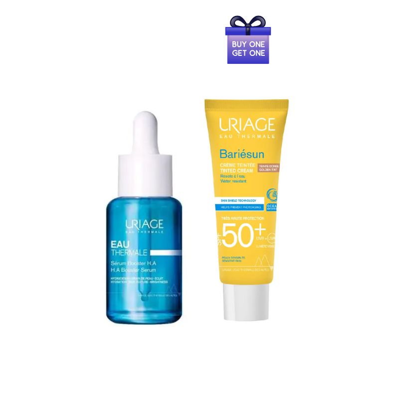 Two skincare products from Uriage on a white background with a promotional box above them.