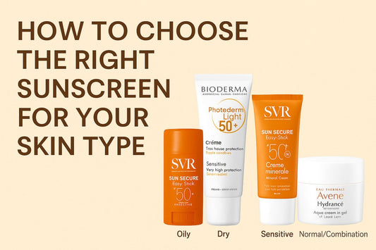 Guide on how to choose the right sunscreen for your skin type with SVR, Bioderma Photoderm, and Avène Hydrance products for oily, dry, sensitive, and combination skin.