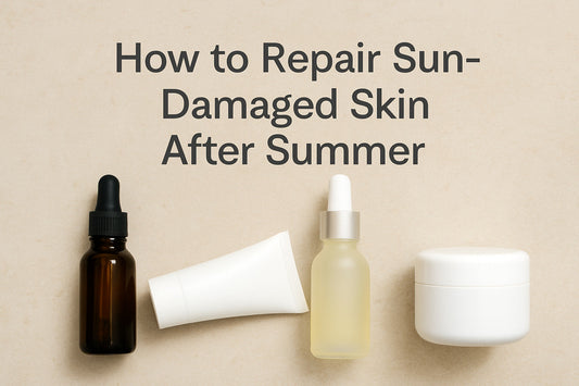 Flat lay of skincare bottles and jars with the text “How to Repair Sun-Damaged Skin After Summer”, representing post-summer skincare recovery products.