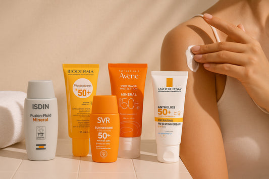 Sunscreen products from ISDIN, Bioderma Photoderm, SVR, Avene, and La Roche-Posay displayed on a clean surface with a woman applying SPF to her shoulder.