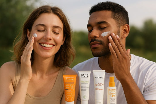 Man and woman applying sunscreen outdoors with Avene, SVR, and Bioderma products in front