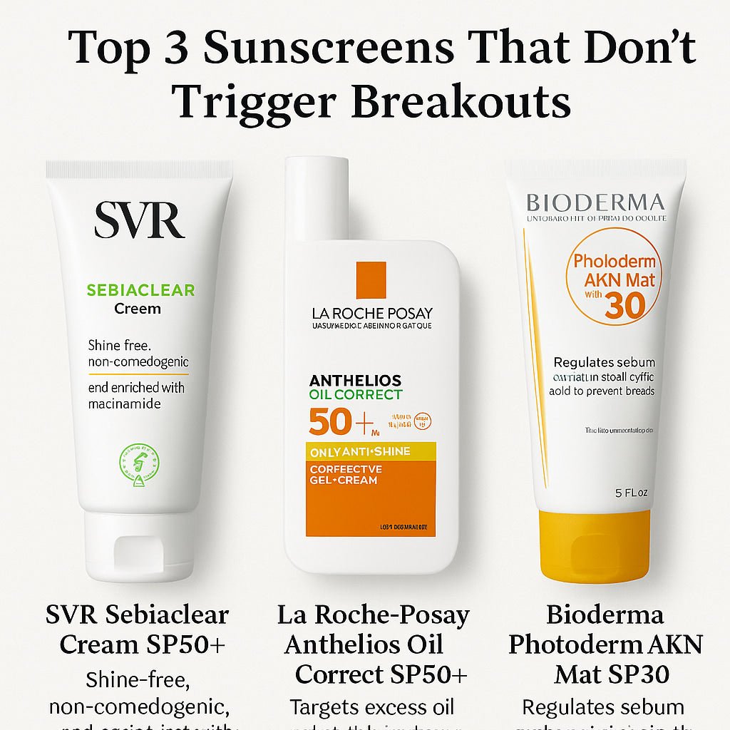 Three top sunscreens for oily and acne-prone skin displayed side by side on a clean background: SVR Sebiaclear Cream SPF50+, La Roche-Posay Anthelios Oil Correct SPF50+, and Bioderma Photoderm AKN Mat SPF30, with clear labels and product benefits.