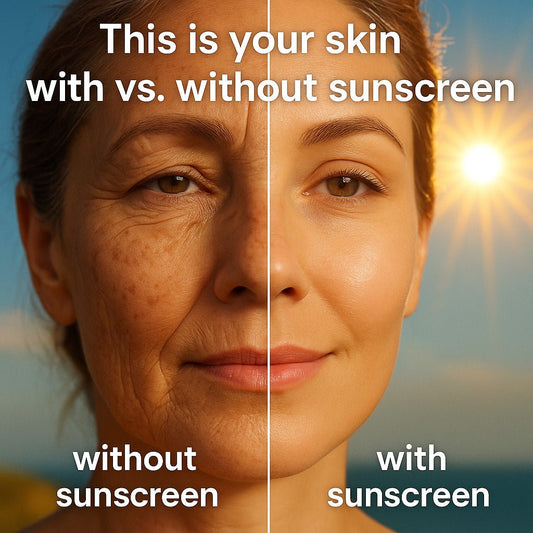 Side-by-side comparison of a woman's face showing sun damage on one side and smooth, protected skin on the other, labeled "with vs. without sunscreen" under bright sunlight.
