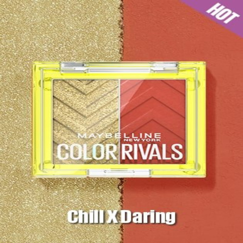 Maybelline Color Rivals makeup palette on a gold and red background