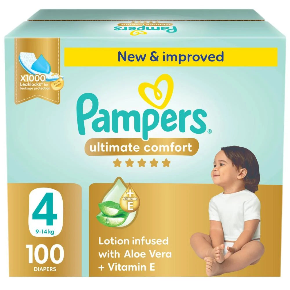 Pampers ultimate comfort diapers packaging with a child on the box