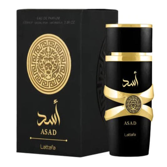 Black and gold perfume bottle with packaging featuring a logo and brand name on a white background