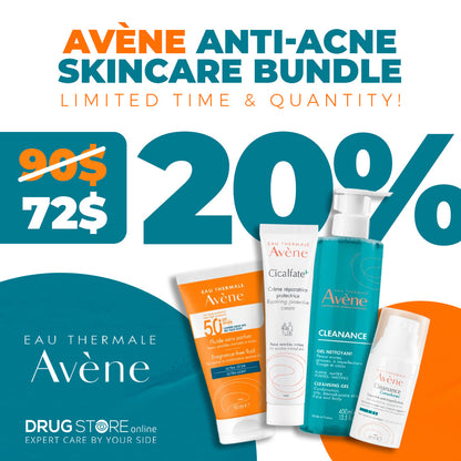 Avène Anti-Acne Skincare Bundle featuring Cleanance Gel, Cicalfate+, SPF50+, and Comedomed displayed with 20% off offer at Drugstore Online