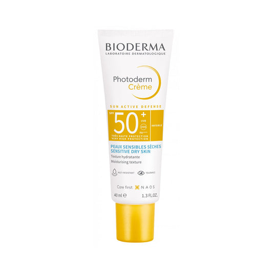 Tube of Bioderma Photoderm Crème SPF 50+ Sun Active Defense Sunscreen, 40ml, designed for sensitive dry skin.
