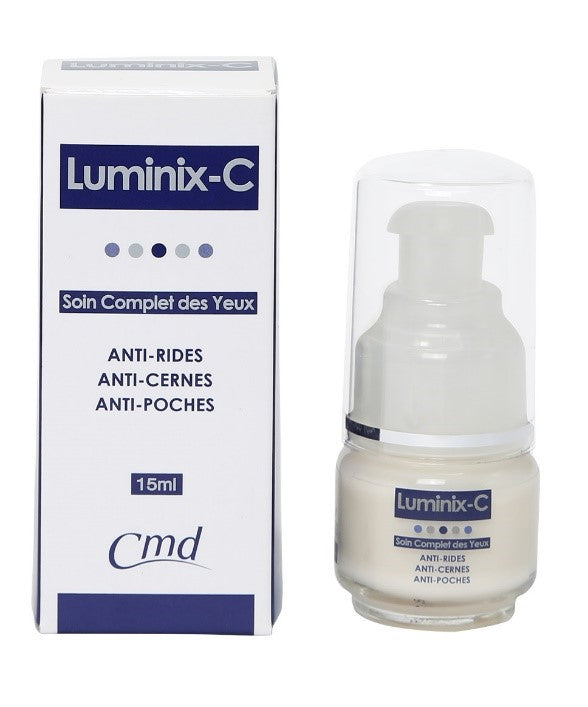 A product image featuring CMD Luminix - C eye cream in a white pump bottle with a blue and white label, indicating its anti-wrinkle, anti-puffiness, and anti-dark circle properties.
