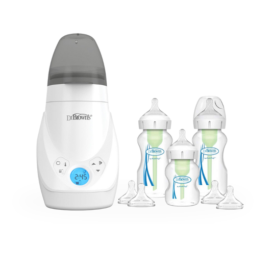 Dr. Brown's baby bottle warmer and bottles on a white background
