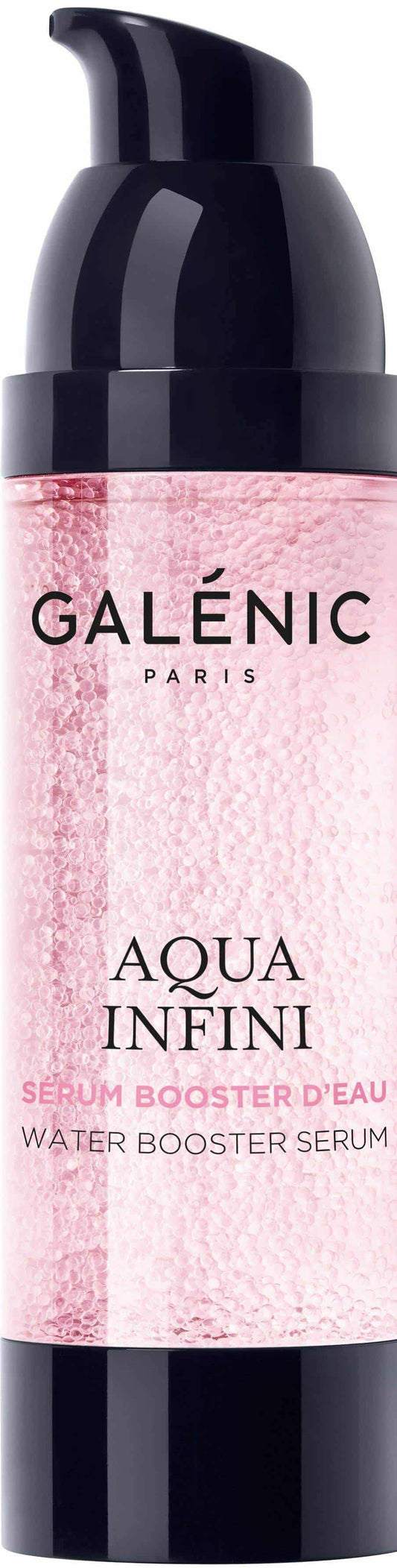 Galenic Aqua Infini Water Booster Serum in a sleek, pale-pink glass bottle with a black pump, shown beside its white and grey-green branded box.