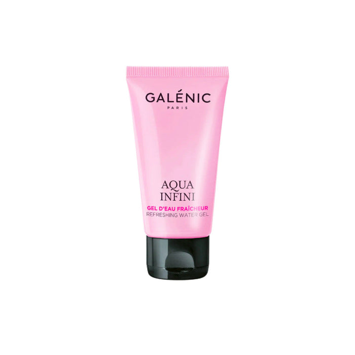 Galenic Aqua Infini Refreshing Gel Water 50ml in a pale pink jar with a glossy black lid, featuring minimalist branding on the front