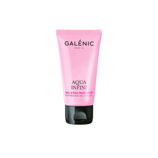Galenic Aqua Infini Refreshing Gel Water 50ml in a pale pink jar with a glossy black lid, featuring minimalist branding on the front