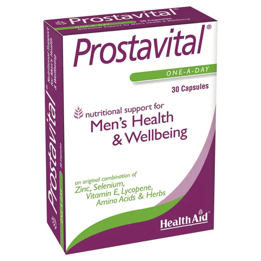 Box of HealthAid Prostavital capsules for men's health and wellbeing, containing 30 capsules.
