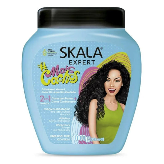 Image of SKALA Mais Cachos 2-in-1 hair cream in a 35.2oz container, designed for curly hair types 3A to 3C. The product functions as both a conditioning treatment and a leave-in cream, with hydrating ingredients like shea butter, castor oil, and argan oil