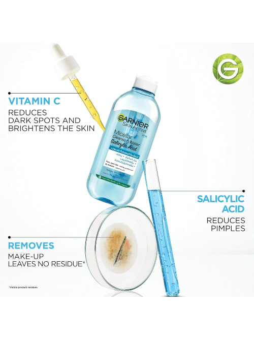 Garnier Fast Clear Micellar Water 400 ml bottle with salicylic acid, purifying cleanser that removes makeup and targets oily, acne-prone skin