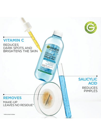 Garnier Fast Clear Micellar Water 400 ml bottle with salicylic acid, purifying cleanser that removes makeup and targets oily, acne-prone skin