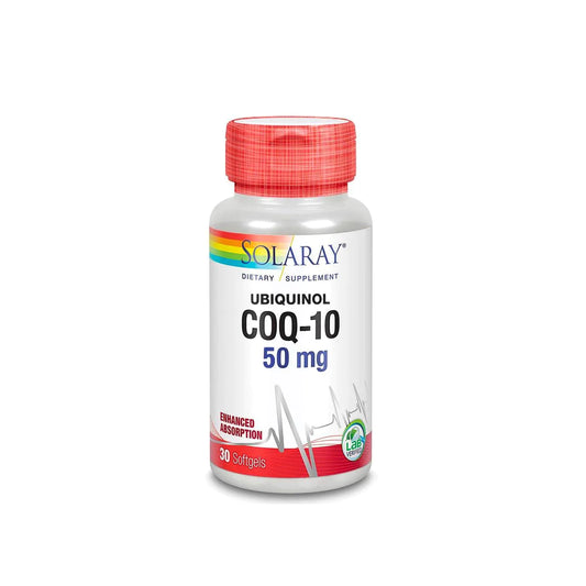 A bottle of Solaray Ubiquinol CoQ-10 50 mg dietary supplement.