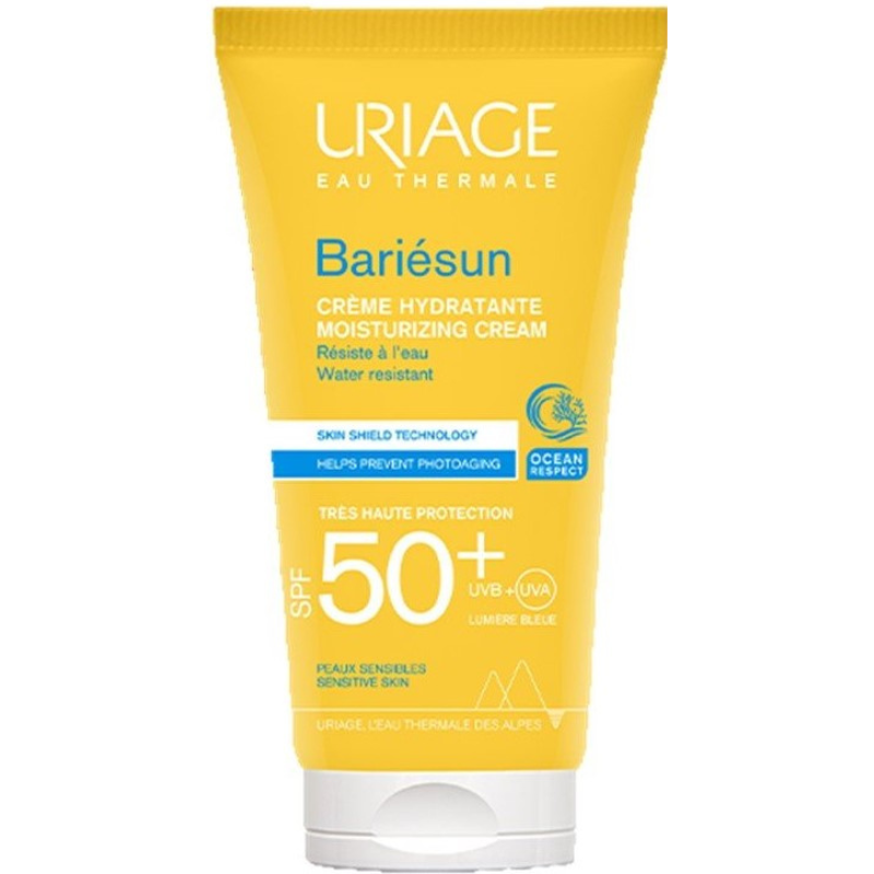 Yellow tube of Uriage Bariésun Moisturizing Cream SPF50+ with SPF50+ label