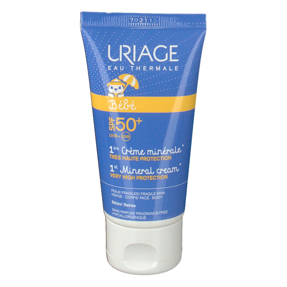 Blue and yellow tube of Uriage Bébé 1st Mineral Cream SPF50+ with baby illustration and SPF50+ label