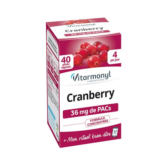 A box of Vitarmonyl Cranberry capsules, with the product name prominently displayed and an image of cranberries on the front.