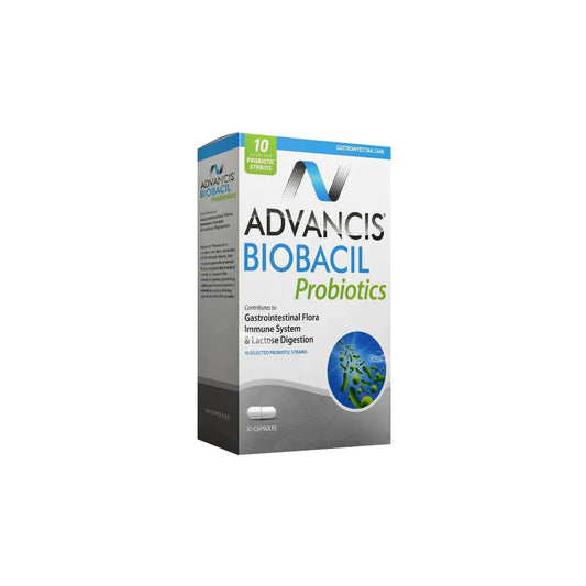 A box of Advancis Biobacil Probiotics supplements with descriptive text and branding visible.
